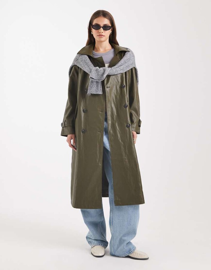 ASOS DESIGN leather look trench coat in dark olive