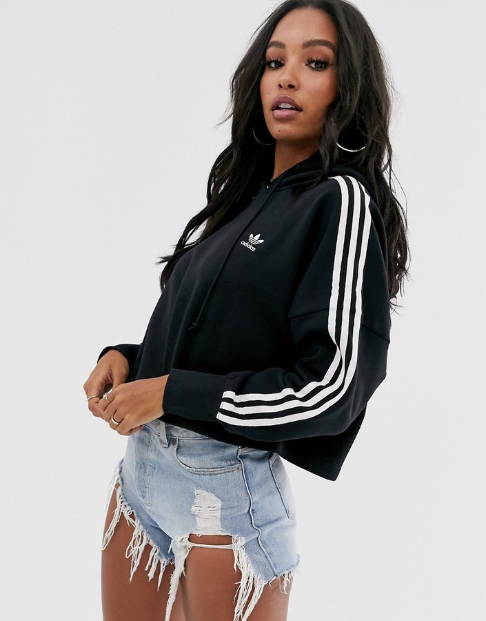 adidas originals adicolor three stripe cropped hoodie in black