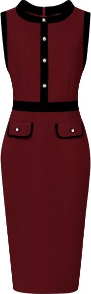 HobemtyWomen'sOfficeSleevelessContrastColorSheathDressesWineRedMedium