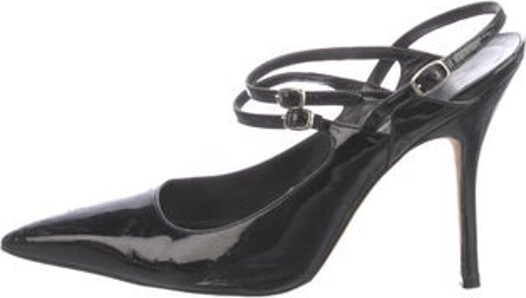 Manolo Blahnik Patent Leather Slingback Pumps Black Pointed-Toes Multistrap & Buckle Closure at Sides