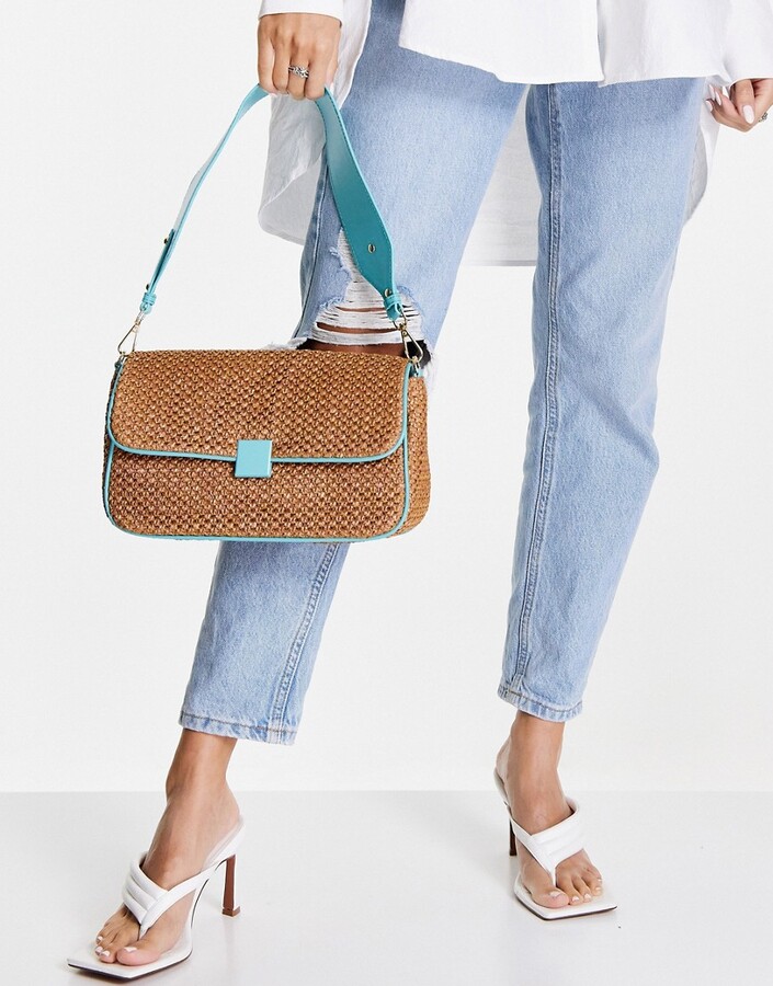 Topshop crochet straw look shoulder bag in brown and turquoise - ShopStyle
