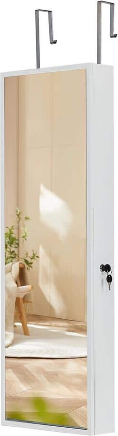 Jewelry Cabinet White Wood Wall/Door Mounted 14.57 in. W Jewelry Armoire, with Lockable LED Makeup Light, Wood Style 1