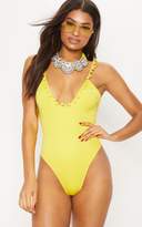 Thumbnail for your product : PrettyLittleThing Yellow Scoop Neck Pom Pom Trim Swimsuit