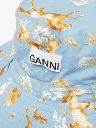 Ganni Horse-print Drawcord Cotton-poplin Bucket Hat - Blue Multi