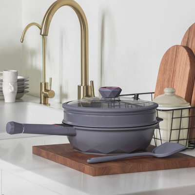 TIBORANG Nonstick Frying Pan 5 Quart Large Wok Deep Skillet With Lid Stay-Cool Handle Steamed Grid Pfoa-Free Dishwasher & Oven Safe Works With All Stove