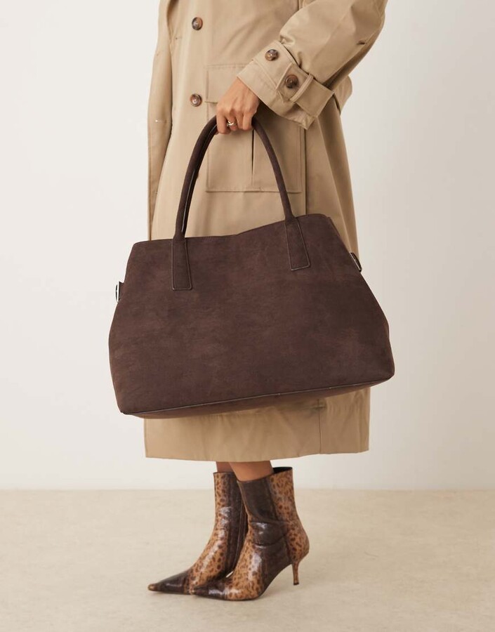 Gina Tricot faux suede large tote bag with buckle belt side detail in dark brown