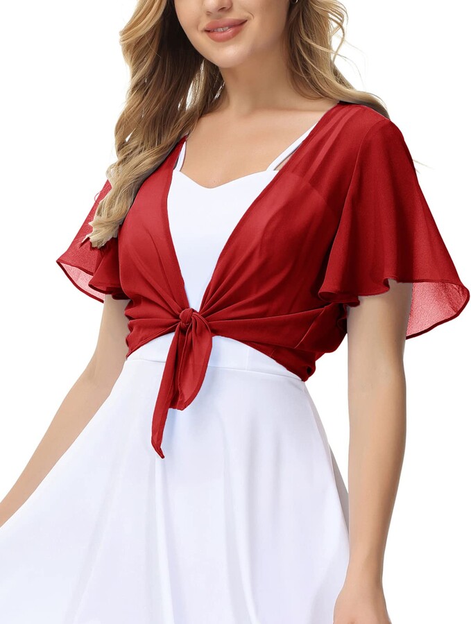 Kate Kasin Shrugs for Women Bolero Shrug Short Sleeve Sheer Chiffon Tie