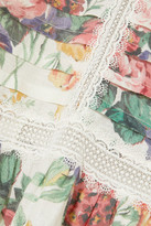 Thumbnail for your product : Zimmermann Allia Pintucked Lace-paneled Floral-print Linen Dress - White