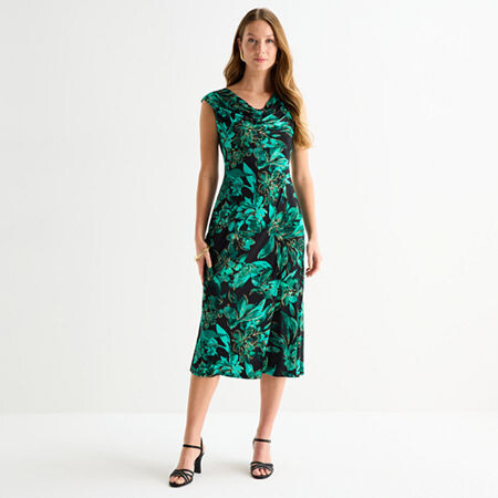 Connected Apparel Womens Short Sleeve Midi Floral Sheath Dress