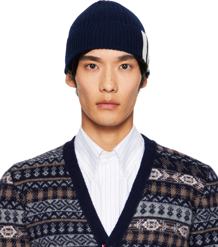 Thom Browne Navy Cashmere 4-Bar Cuff Beanie