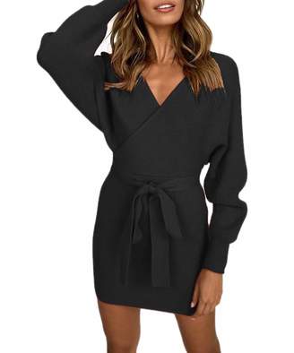 BeautySalon Women V Neck Open Back Batwing Long Sleeve Faux Wrap Sweater Dress