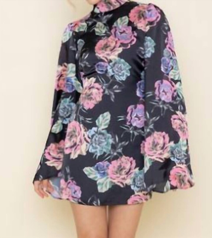 Fore Collection Floral Long Sleeve Mini Dress In Black