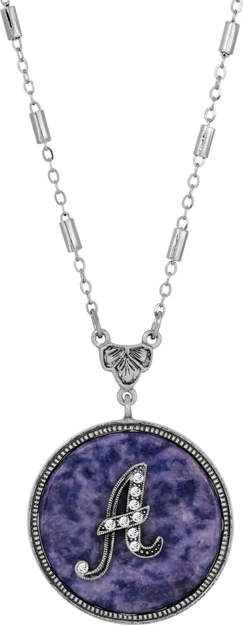 2028 Blue Round Pewter Initial Pendant Necklace