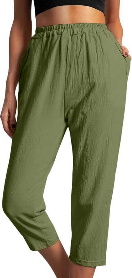 Generic Alebaba Womens Cotton Linen Pants Elastic High Waisted Casual Capri  Trousers Loose Comfy Cropped Lounge Joggers Army Green - ShopStyle