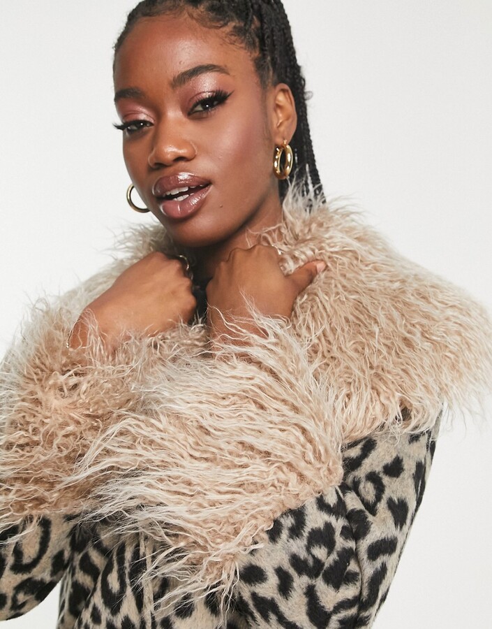 Miss Selfridge leopard faux fur trim jacket - ShopStyle