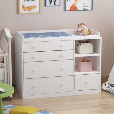 WIAWG White Wood 4-Drawer, 44.9 in. W Wood Chest of Drawers Nursery Storage Organizer with Changing Table Open Shelf