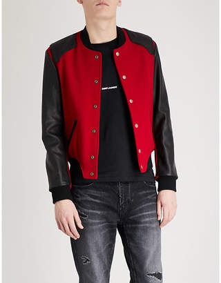 Saint Laurent Contrasting wool-blend and leather varsity jacket