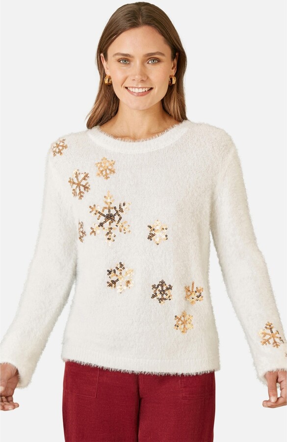 Yumi Women's Sequin Snowflake Fluffy Sweater