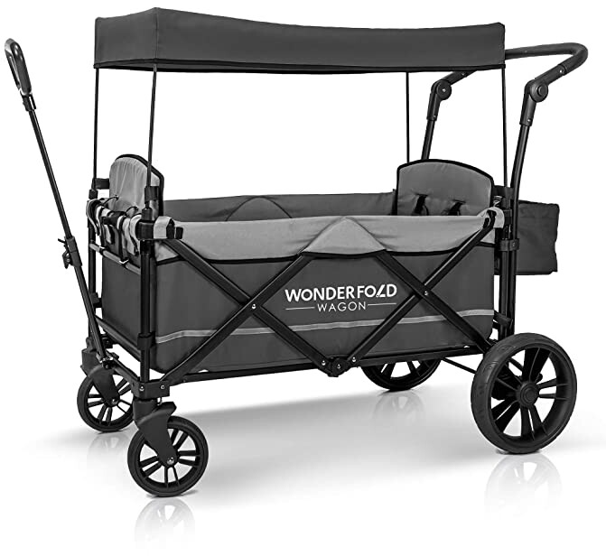 WONDERFOLD X2 2-Passenger Push and Pull Quad Stroller Wagon with Adjustable Handle Bar, Removable Canopy, Safety Seats with 5-Point Harness, One-Step Foot Brake (Gray)