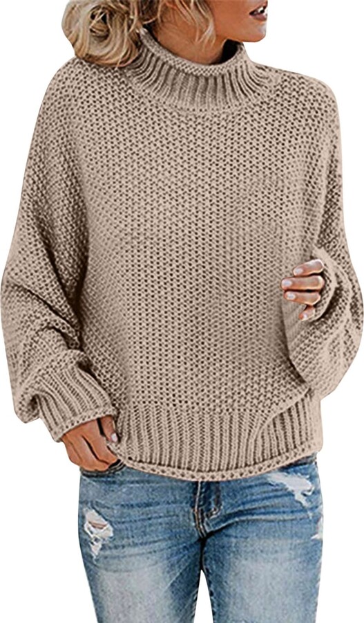 Woaikeyu Womens Fashion Autumn Winter Knit Sweater Thick Thread Pullover  Turtleneck Sweater Sweat Shirt Cotton Khaki - ShopStyle