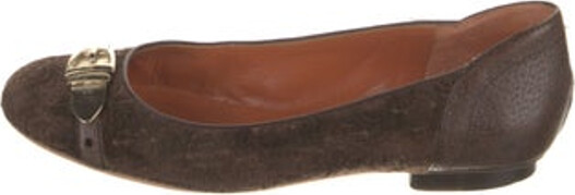 Gucci Velvet Ballet Flats Brown Leather Trim Semi-Pointed Toes with Leather Trim Embellishment Buckle Closure At Uppers Designer