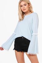 Thumbnail for your product : boohoo Erin Pom Trim Flare Sleeve Top