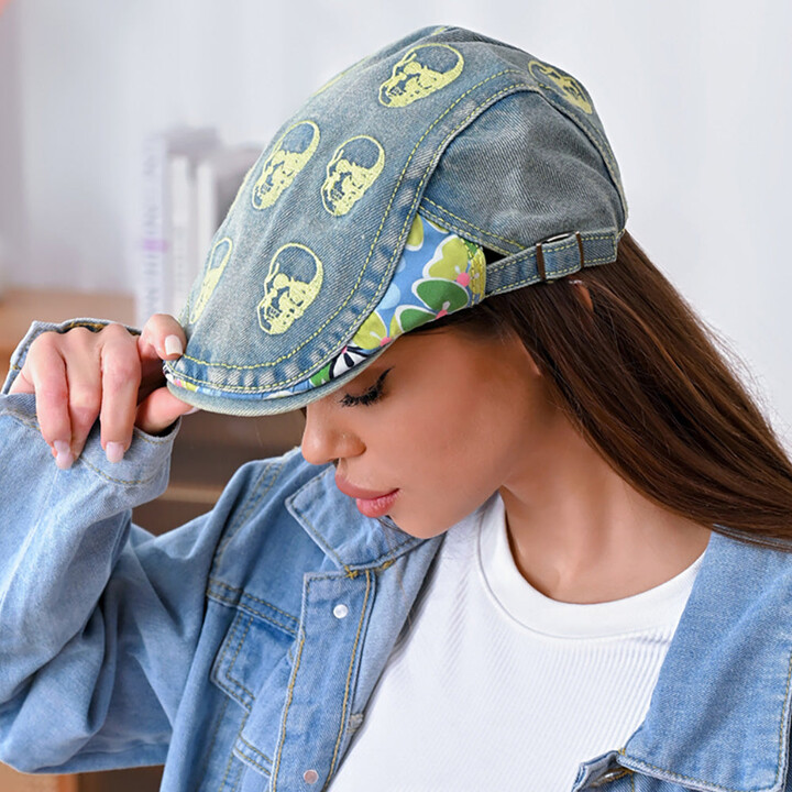 FASHNZFAB Skull Flower Printed Newsboy Hat