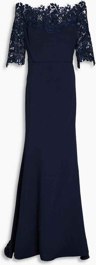 Off-the-shoulder lace-trimmed crepe gown