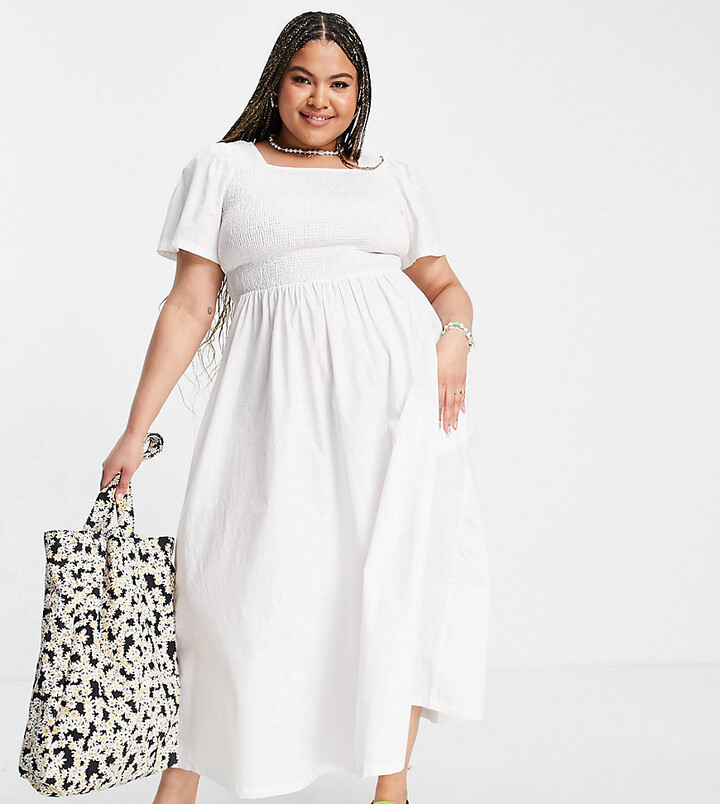Pieces Plus PIECES Curve cotton shirred maxi dress in white