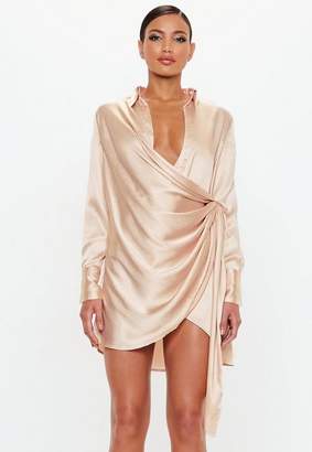 Missguided Gold Textured Satin Wrap Dress