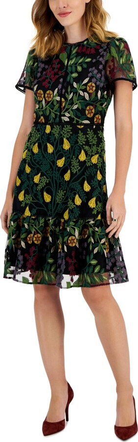 Tahari Asl Petite Embroidered Short-Sleeve A-Line Dress ShopStyle