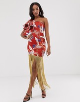 Thumbnail for your product : ASOS DESIGN one shoulder quilted ruffle detail floral midi dress with gold fringe hem