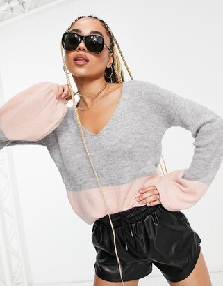 NA-KD v neck balloon sleeve jumper in grey and pink