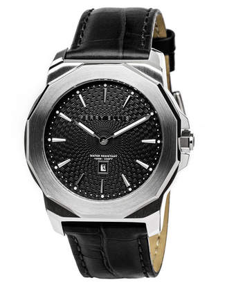 Perry Ellis Unisex Decagon Black Leather Watch