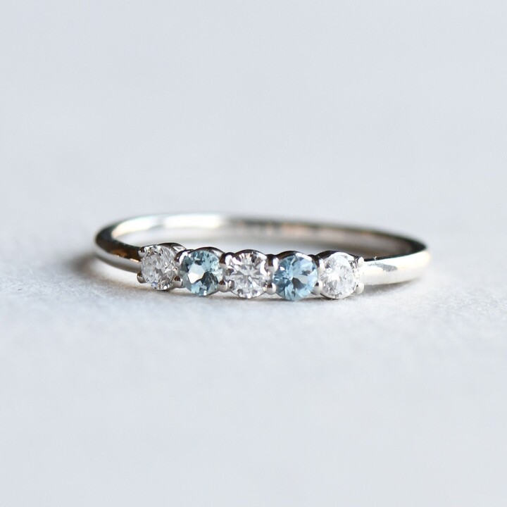 Etsy Diamond & Aquamarine Ring 14K White Gold Five Stone Band