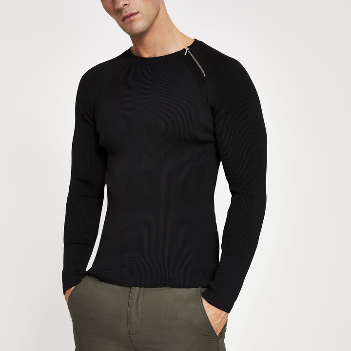 River Island Mens Black Zip Neck Muscle Fit Ribbed Jumper