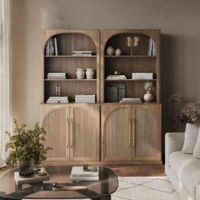 Belleze Set of 2 72" Tall Wood Sideboard with 3-Tier Shelves, Camel