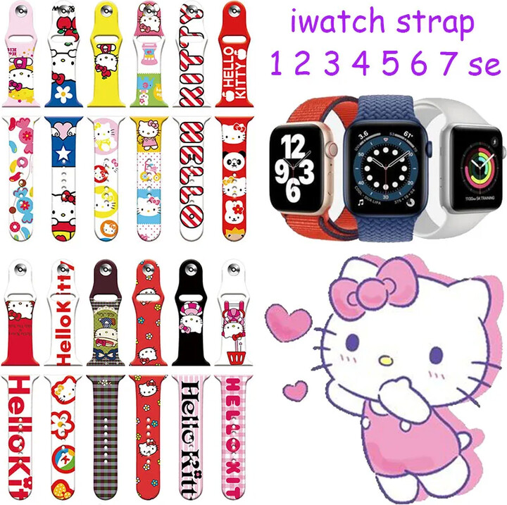 MINISO Hello Kitty Silicone Strap for Apple Watch Band 45mm 44mm 40mm 42mm 41mm Cute Correa Bracelet for IWatch Series 7 6 5 4 3 2 1 Se