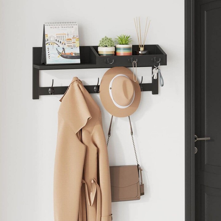 Angel Sar 26.57 in. Black Entryway Wall Mounted Wood Coat Rack with 5 Dual Hooks, 3 Key Hooks and Shelf, Wall Hooks with Shelf