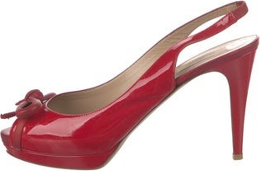Valentino Patent Leather Slingback Pumps Red Peep-Toes with Bow Accents Platform Includes Box & Dust Bag Designer