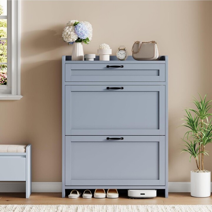 gaomon Shoe Cabinet with 2 Flip Drawers and 1 Top Drawer High-Gloss Painted Wood Shoe Freestanding Hidden Shoe Storage Cabi