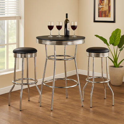 Loy 3 Piece Retro Bar Table Set, Round White Top, 2 Stools, Chrome