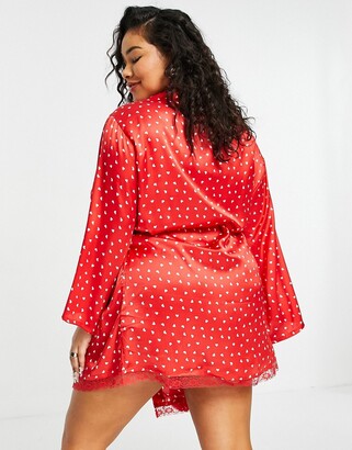 Brave Soul Plus Hallie heart print satin dressing gown in red