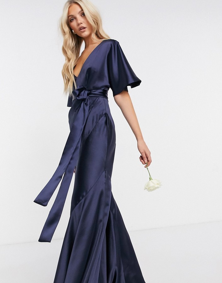 ASOS DESIGN Bridesmaid satin kimono sleeve maxi dress with panelled skirt  and belt in Navy - ShopStyle
