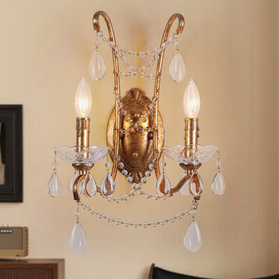 Astoria Grand 2-Light Antique Brass Candle Wall Light Vintage Crystal Wall Sconces For Toilet Hallway Staircase Living Room Dining Room Hotels