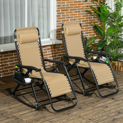Ivy Bronx Outsunny 2 Pieces Outdoor Rocking Chairs, Foldable Reclining Zero Gravity Lounge Rocker With Pillow, Cup & Phone Holder, Combo Design With Folding Leg