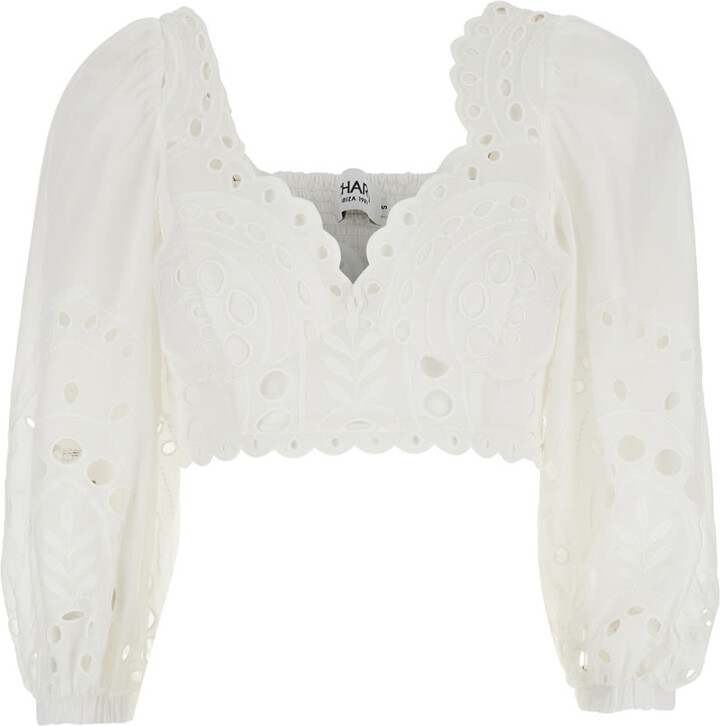 Charo Ruiz Ibiza 'luna' White Top With Deep Neckline And Intricate Embroidery In Cotton Blend Woman