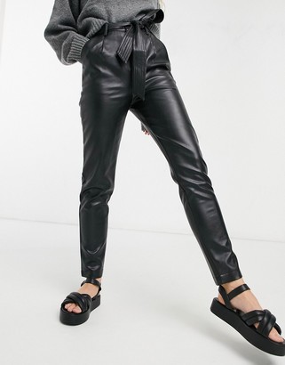 Morgan faux leather belted relaxed fit pants in black