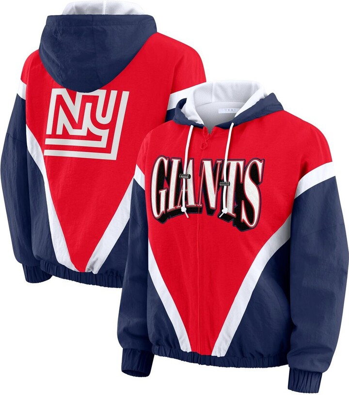 Wear by Erin Andrews Women's Red/Royal New York Giants Retro Crinkle Full-Zip Hoodie Windbreaker - Red, Royal