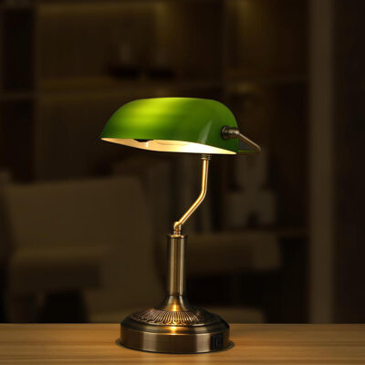 Rosdorf Park Vintage Bankers Desk Lamp With USB & Type C Charging Ports, 3-Way Dimmable Touch Control, Green Glass Shade, LED Bulb Included, Antique Brass Finish
